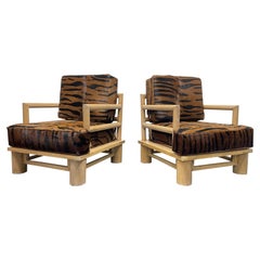 Pair Dowel Wood Lounge Chairs in Zebra Hide