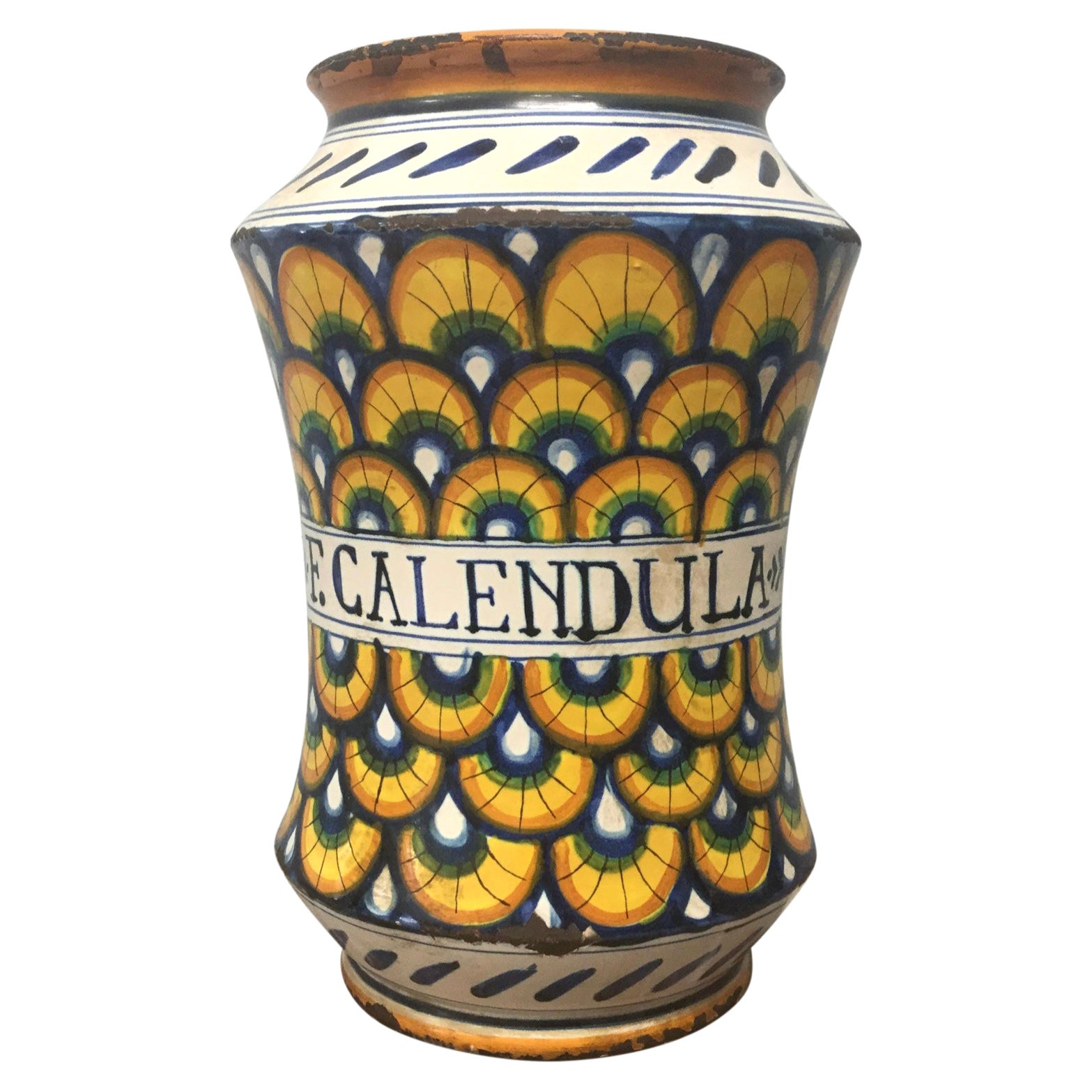Pot à drogue Albarello, poterie Maiolica jaune italienne du 18ème siècle