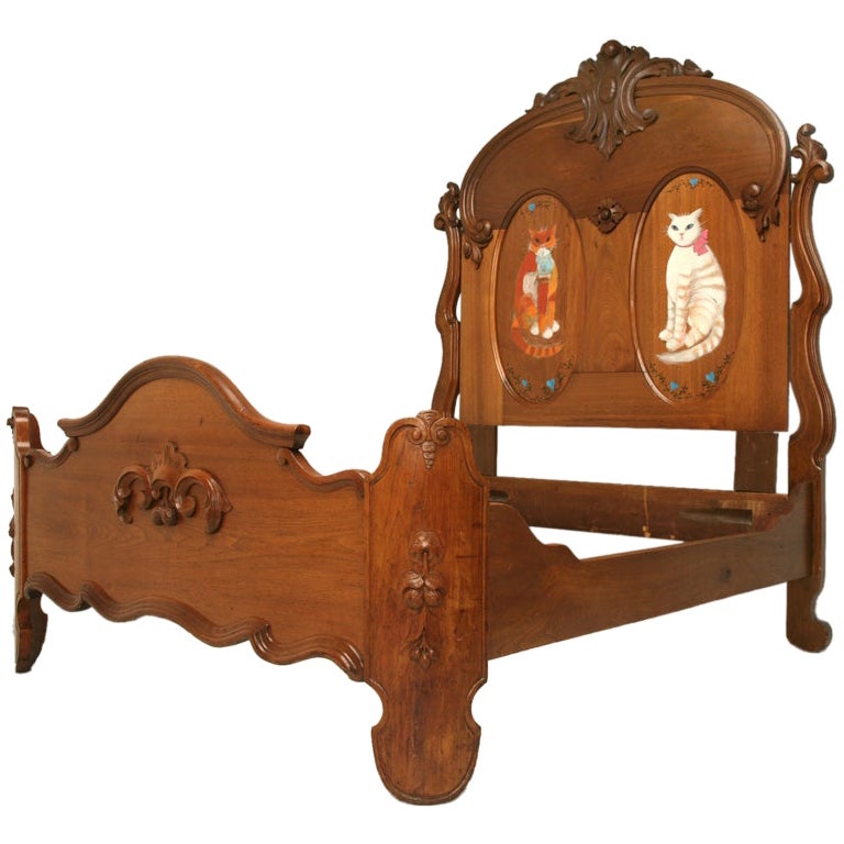 American Victorian Folk Art Bed with Hand-Painted Cats, circa 1880 Solid Walnut For Sale