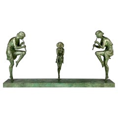 Antique Marcel Bouraine Bronze Sculpture "Flute Players"