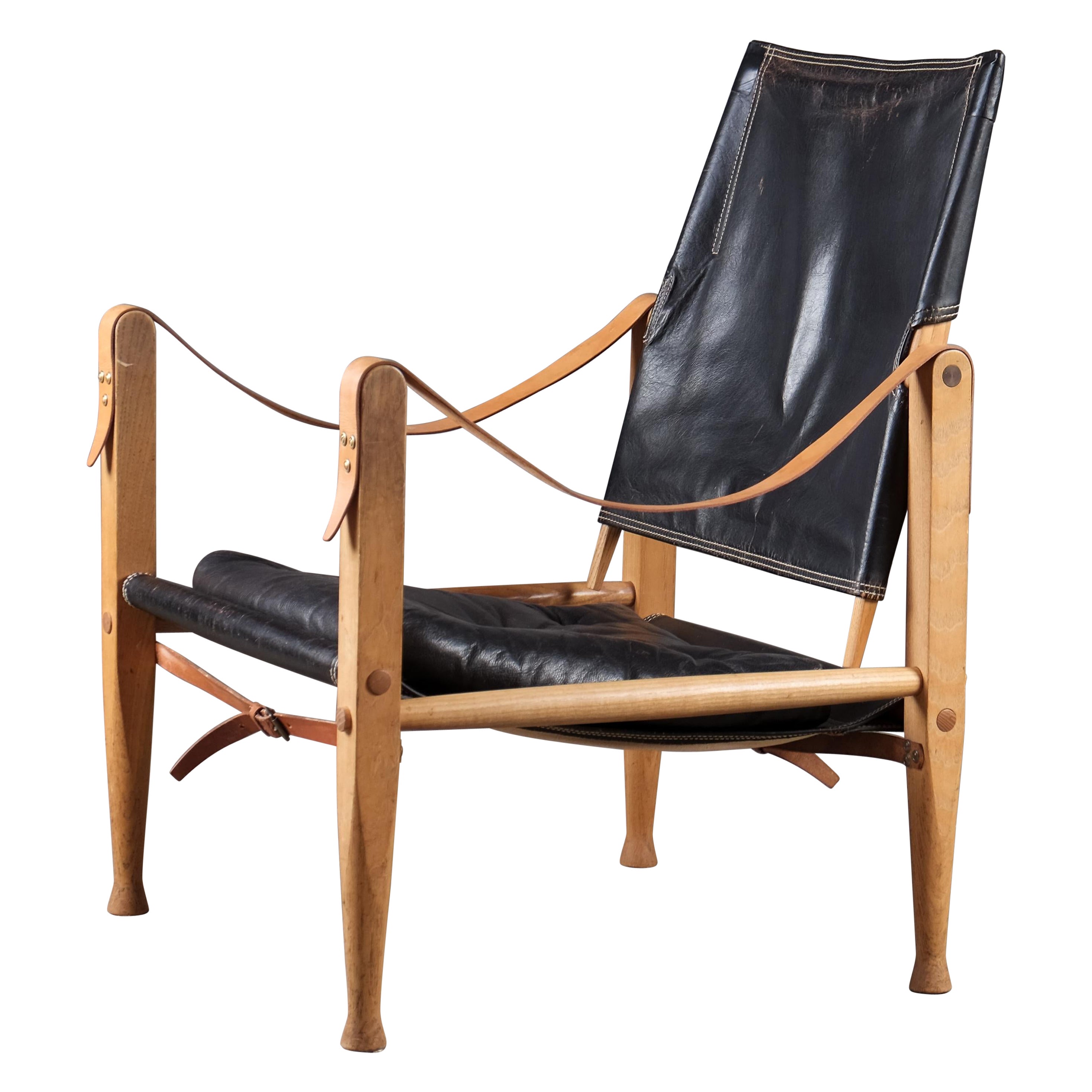 Kaare Klint Black Leather Safari Chair, 1960s For Sale