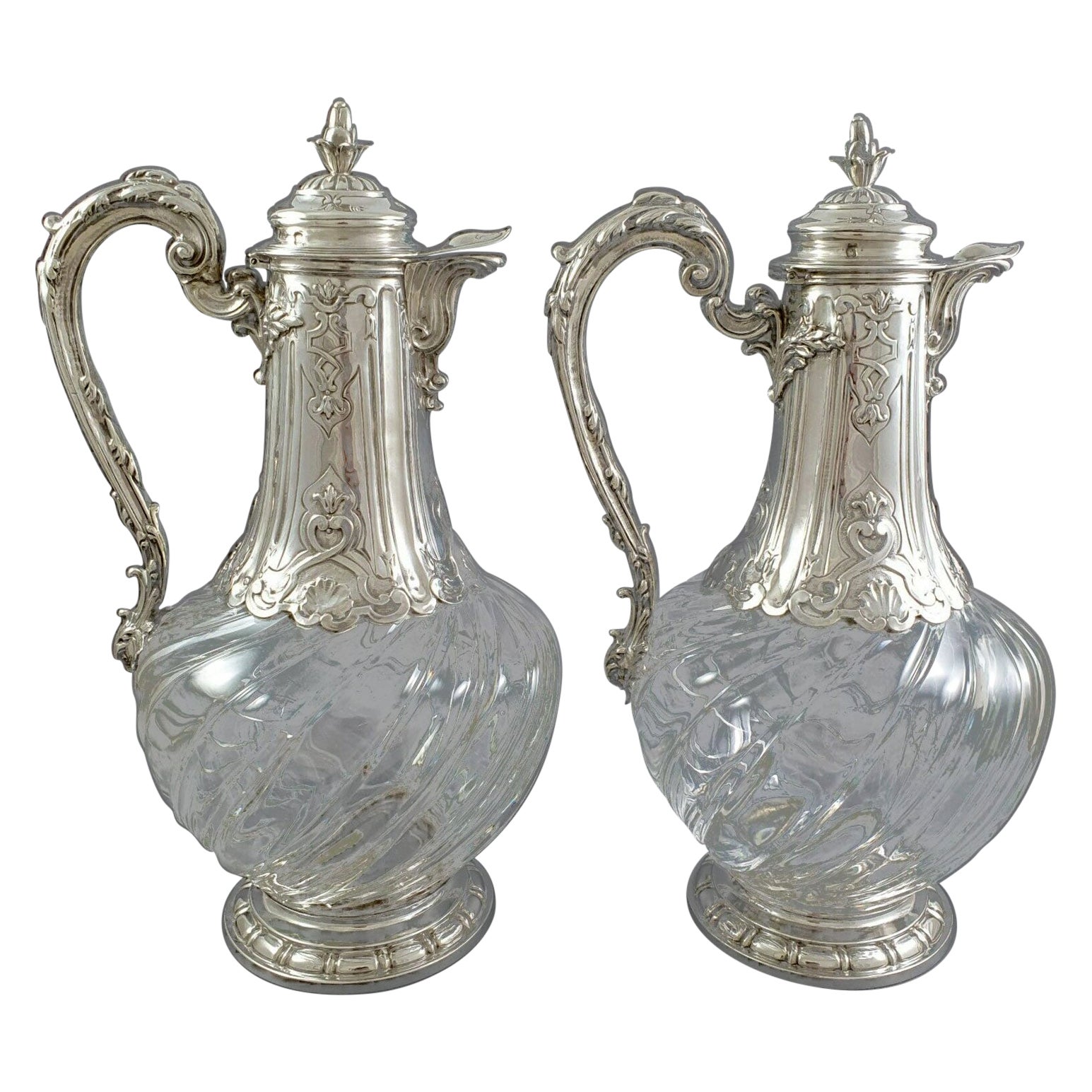 Pair of Crystal and Sterling Silver Ewers 19th Century For Sale