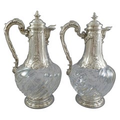 Pair of Crystal and Sterling Silver Ewers 19th Century