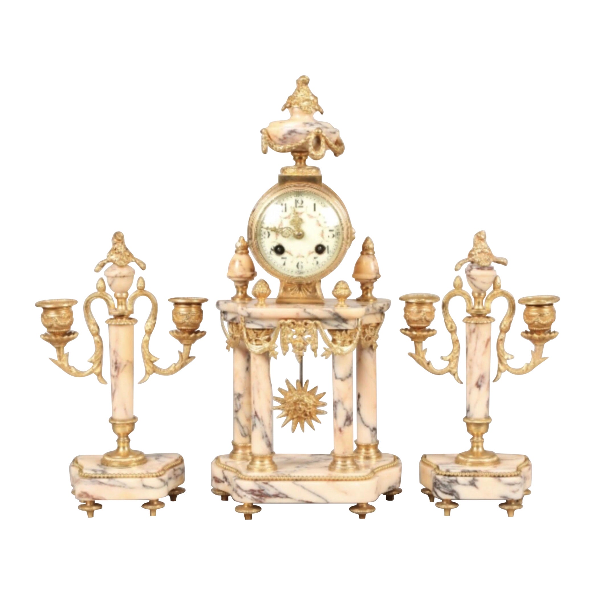 Antique French Marble and Ormolu Clock Garniture Set