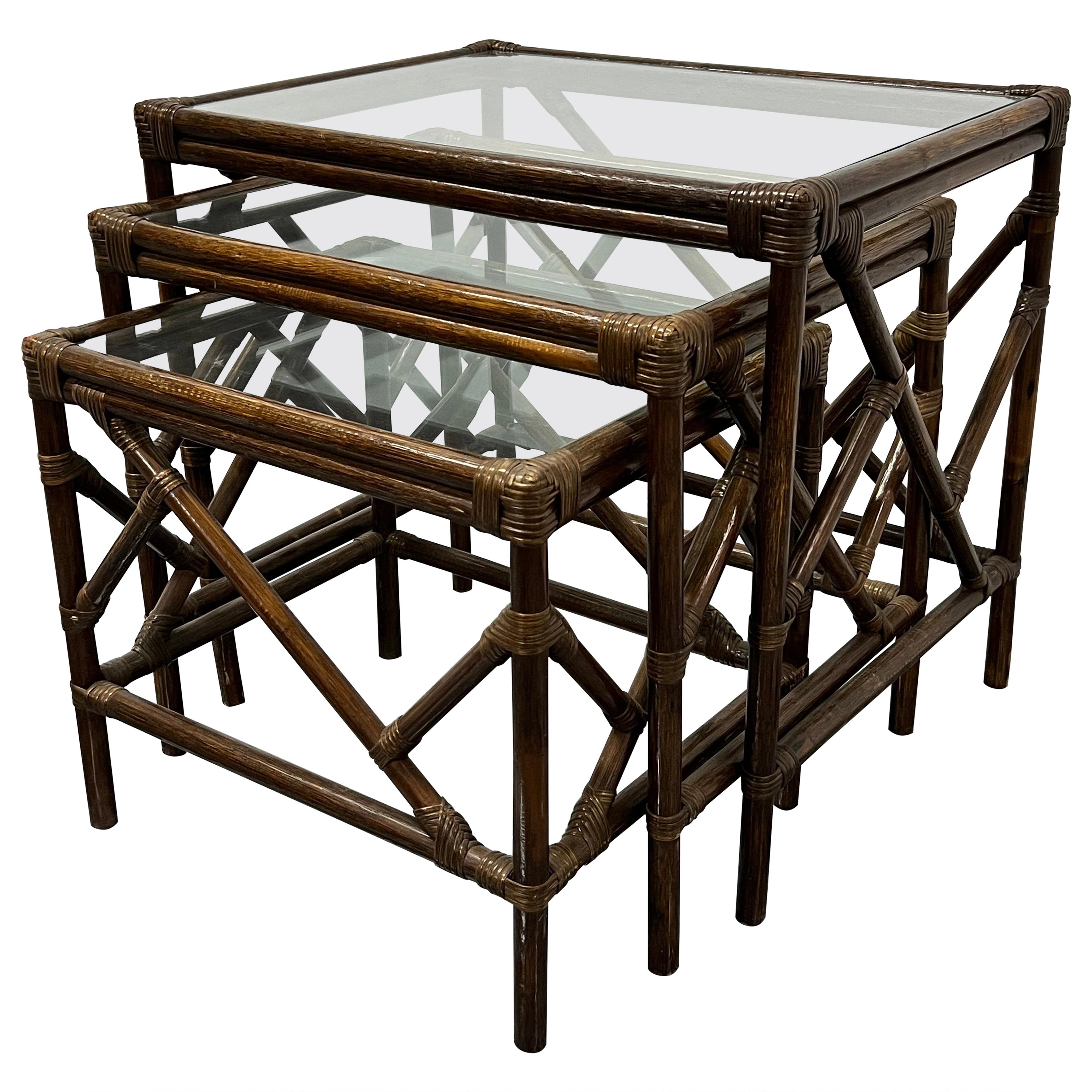 Mid-Century Rattan and Glass Top Nesting Tables, Set of Three For Sale