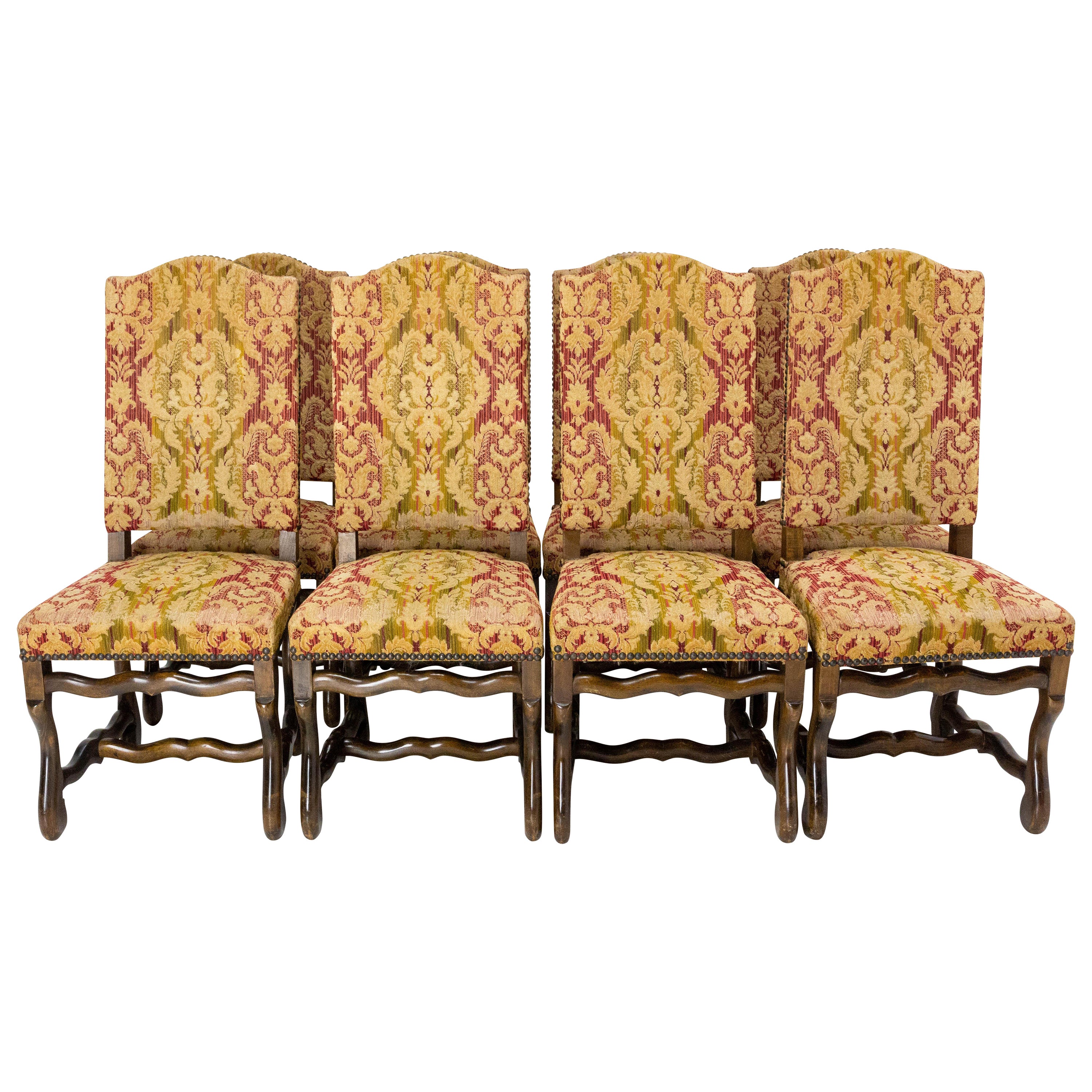 Acht französische Esszimmerstühle aus Buche, Os de Mouton, Louis XIII.-Stil, um 1960