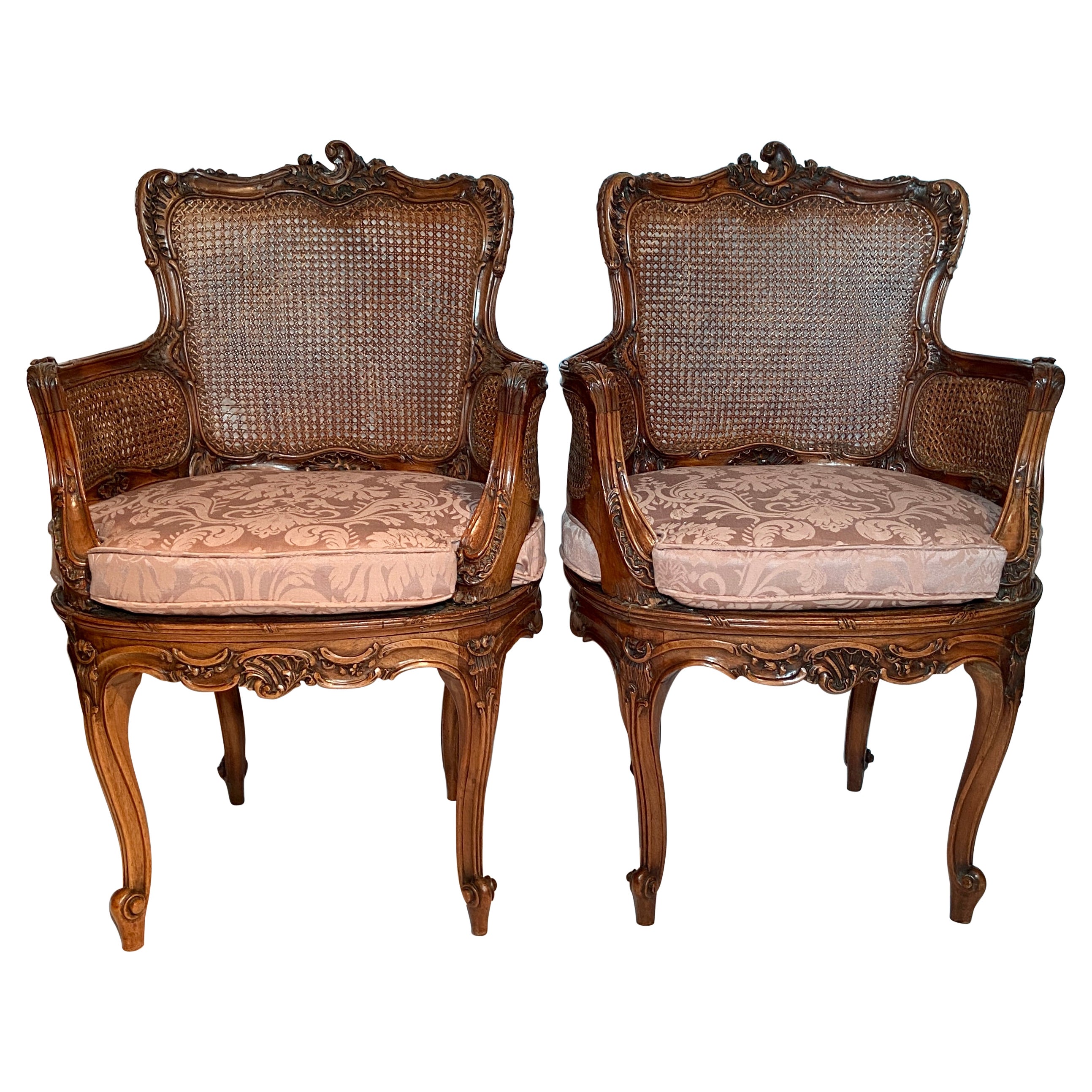 Pair Antique French Walnut & Cane Arm Chairs with Carved Backs, Circa 1890s For Sale