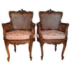 Pair Antique French Walnut & Cane Arm Chairs with Carved Backs, Circa 1890s