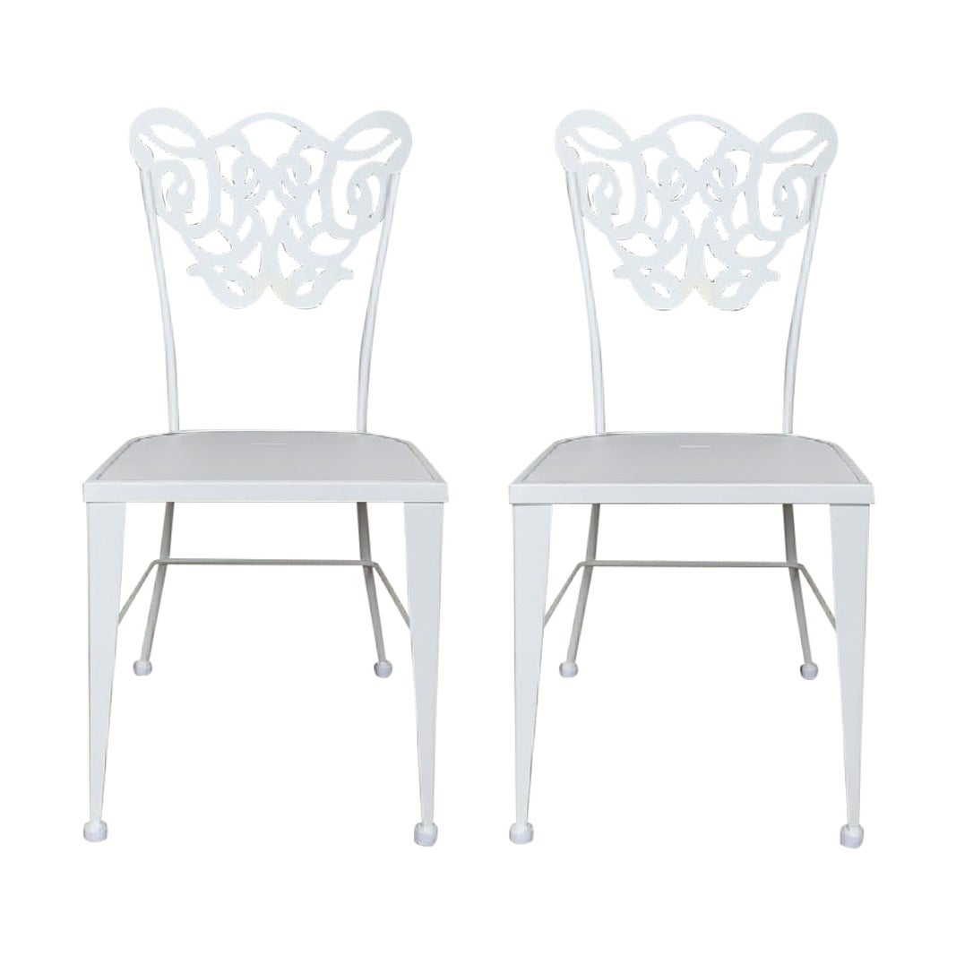 Pair of White Two Garden or Dining Chairs in Wrought Iron with Laser Back For Sale