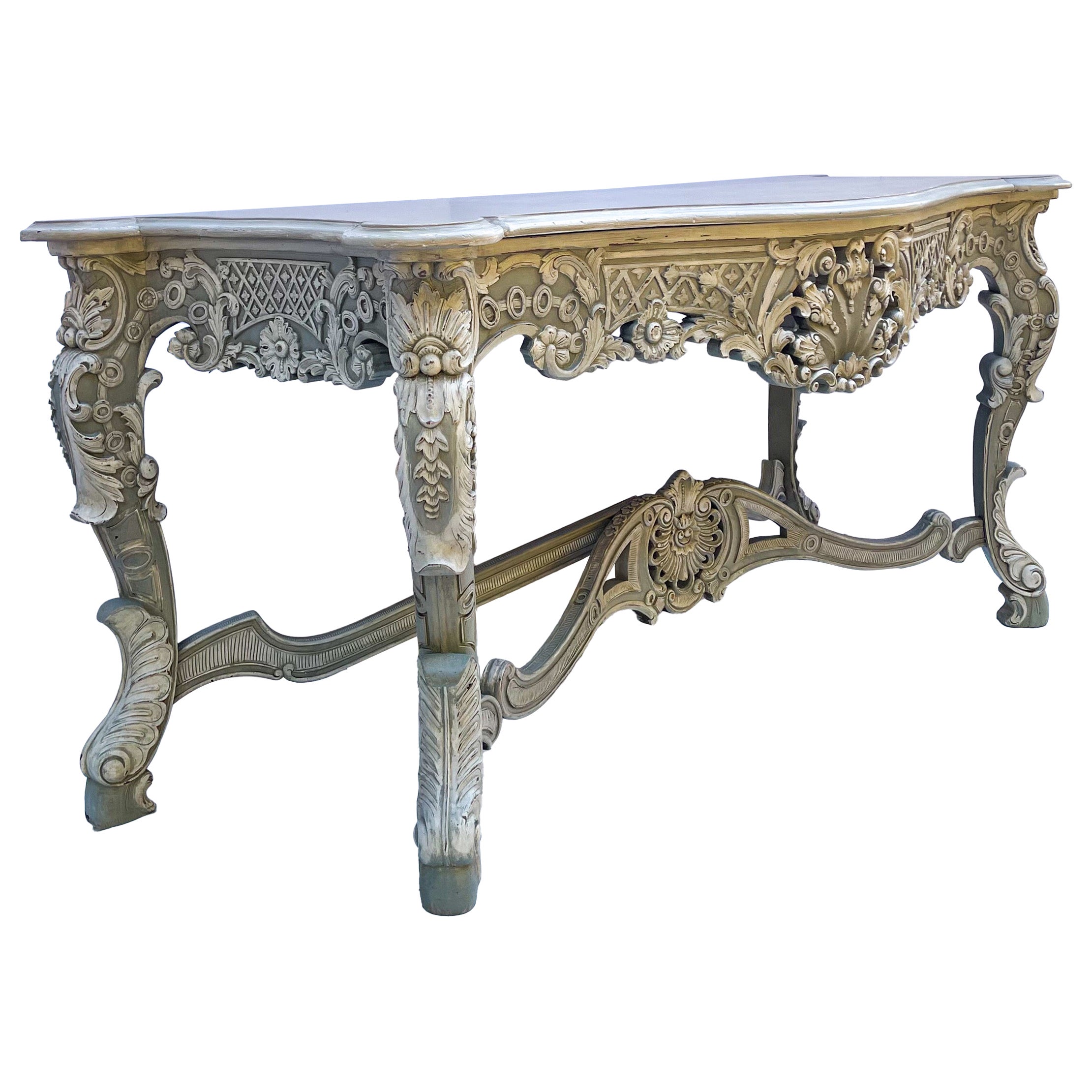 French Louis XIV Style Carved and Custom Painted Console Table For Sale