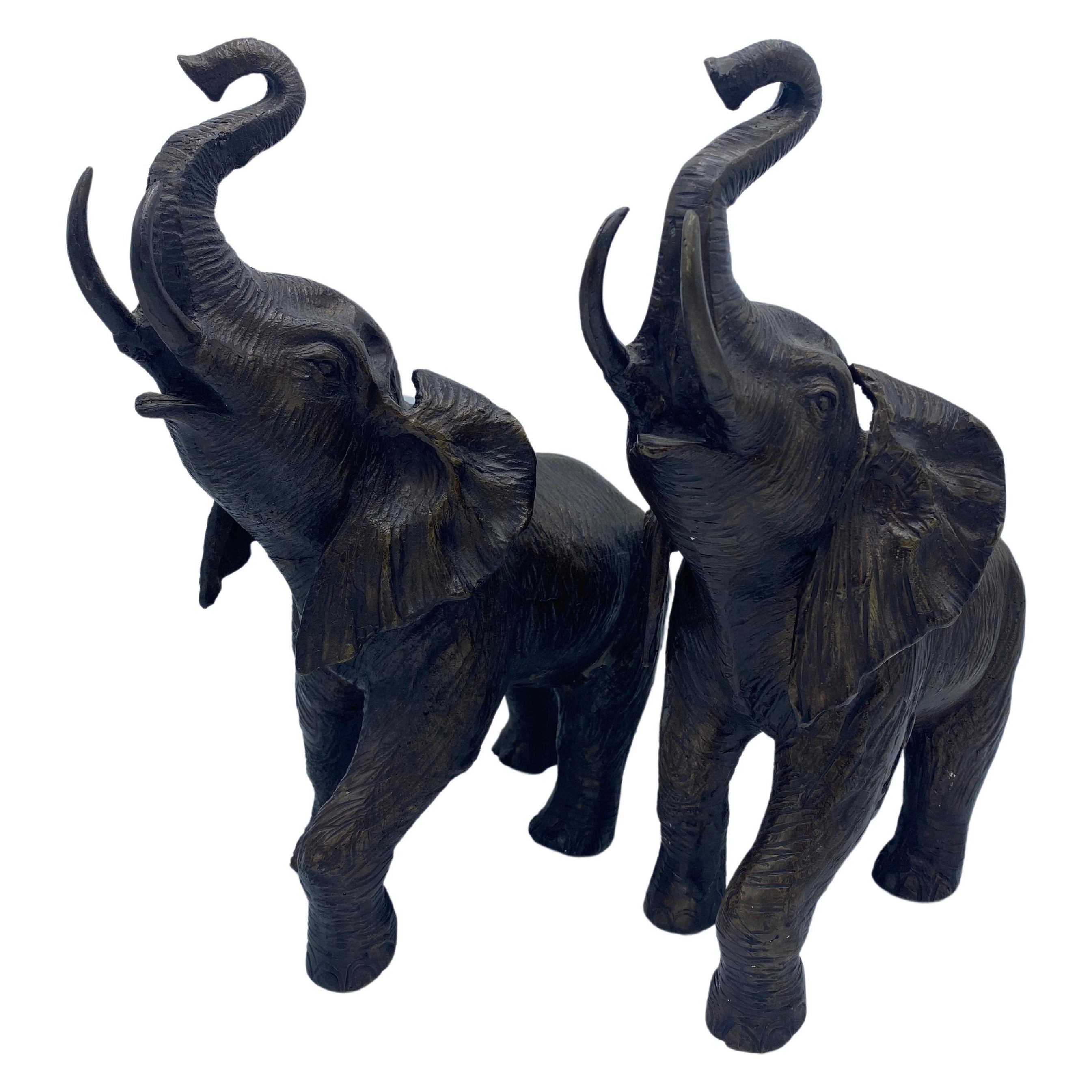 Pair of Mid-20th Century Bronze Sculptures of Elephants with Raised Trunks For Sale