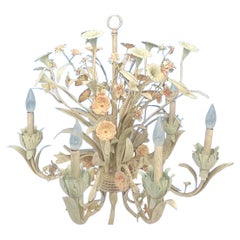 1960s Large Italian Tole Chandelier in White, Blush Pink and Celadon
