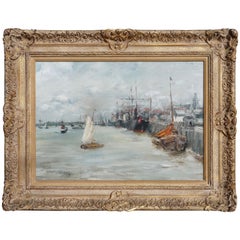 Antique William Merritt Chase “Port Of Antwerp” Oil Painting