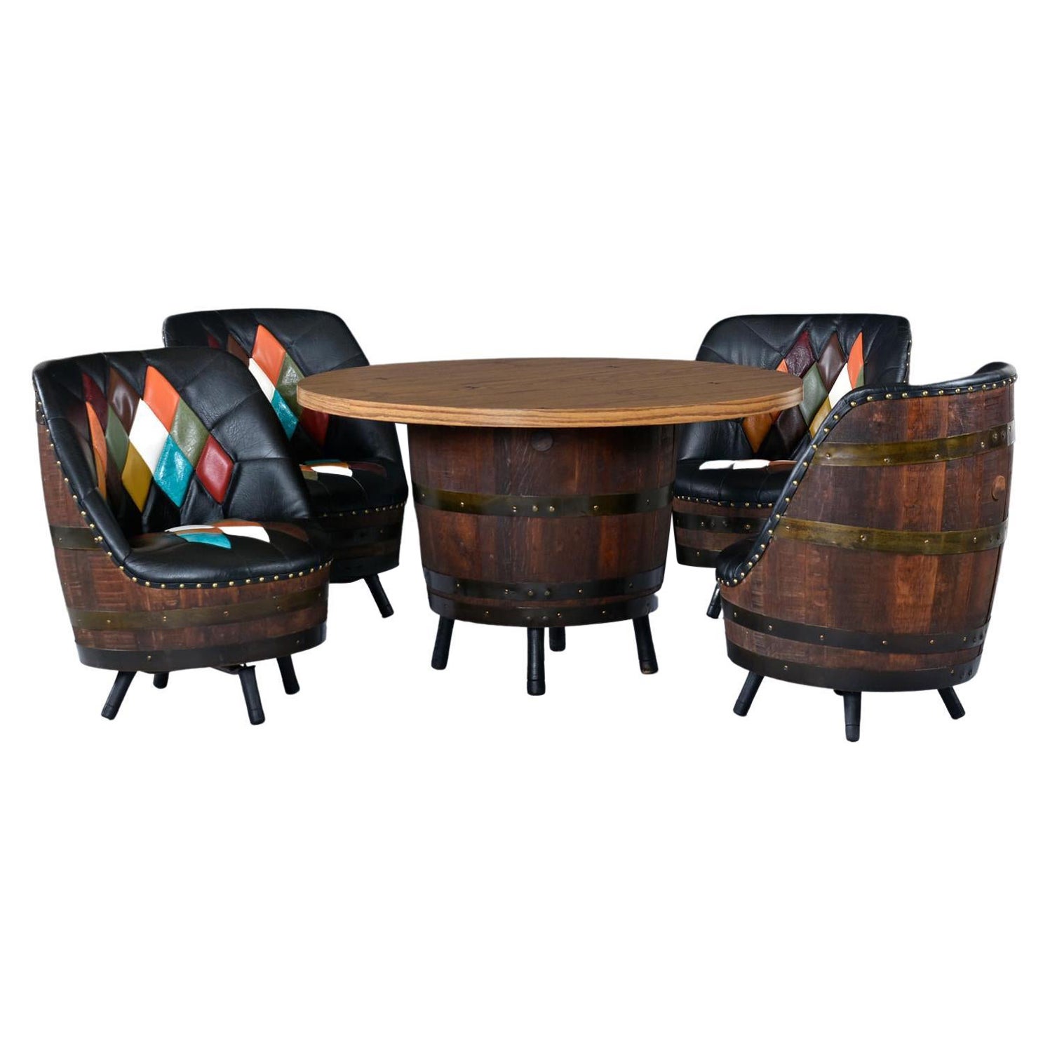 Brothers Furniture Harlequin Whiskey Barrel Gaming Table and Swivel Chairs  Set at 1stDibs | vintage barrel table and chairs, barrel furniture for sale,  barrel chairs and table