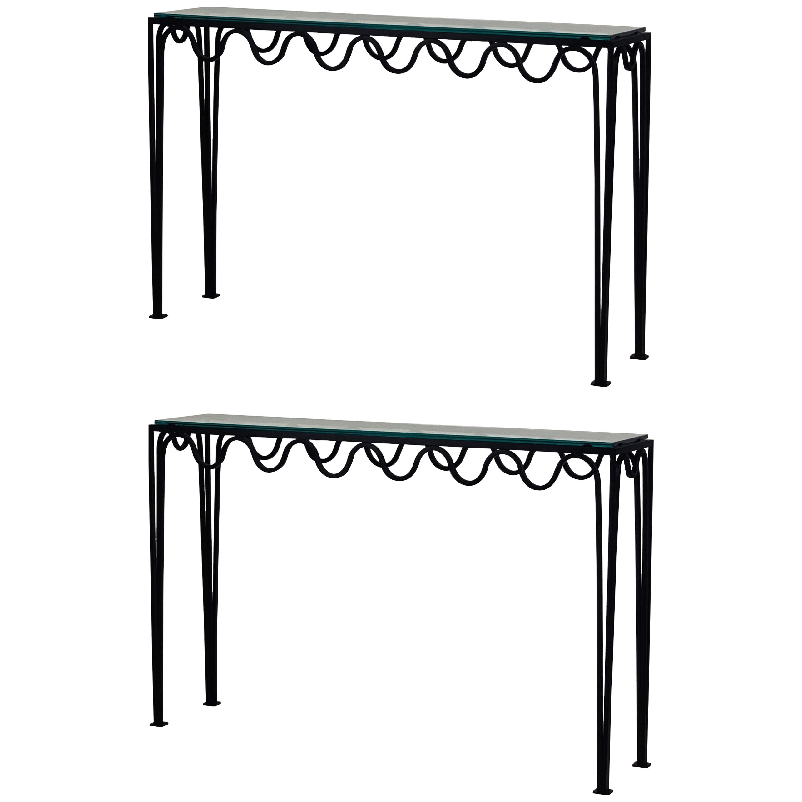 Pair of Long 'Méandre' Wrought Iron and Glass Consoles by Design Frères