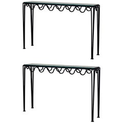 Pair of Long 'Méandre' Wrought Iron and Glass Consoles by Design Frères