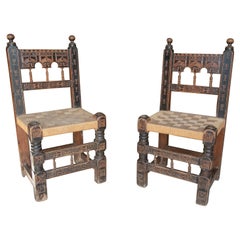Antique Pair of 1920s Spanish Hand Carved Painted Wooden Chairs w/ Woven Bulrush Seats