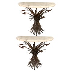 Vintage Dramatic Floating Italian Gilt Metal and Marble Pair of Demilune Side Tables