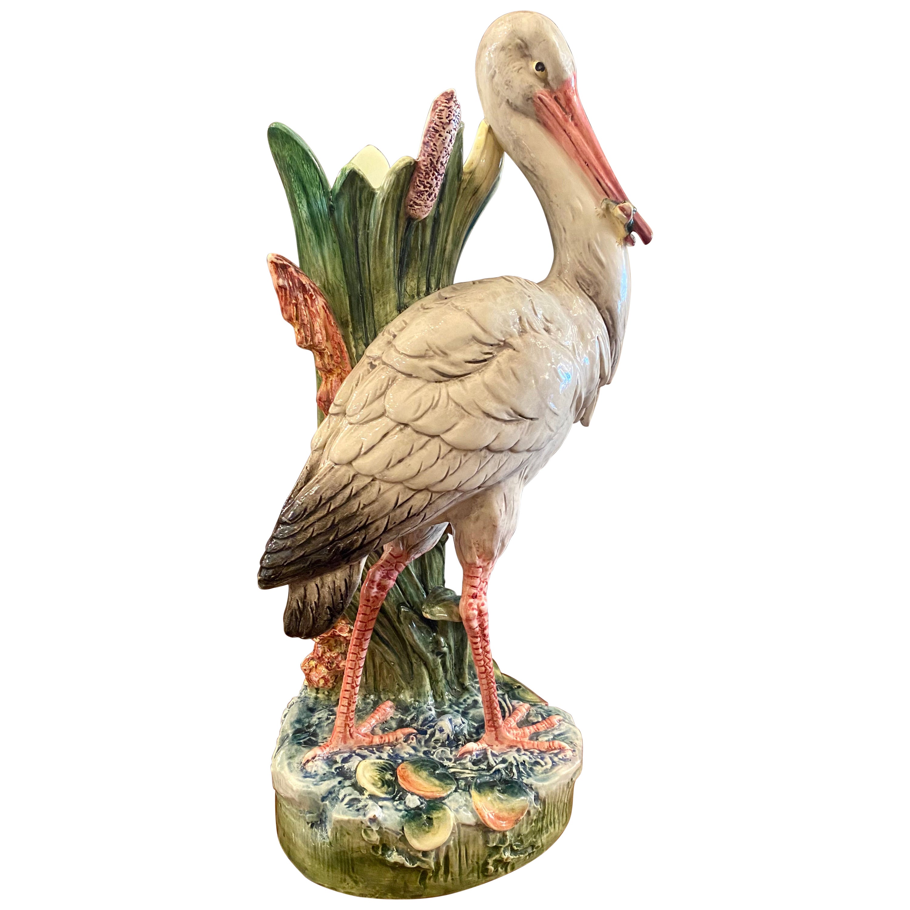 Antique French "Massier" Barbotine Pottery 'Heron in Marshland' Umbrella Stand