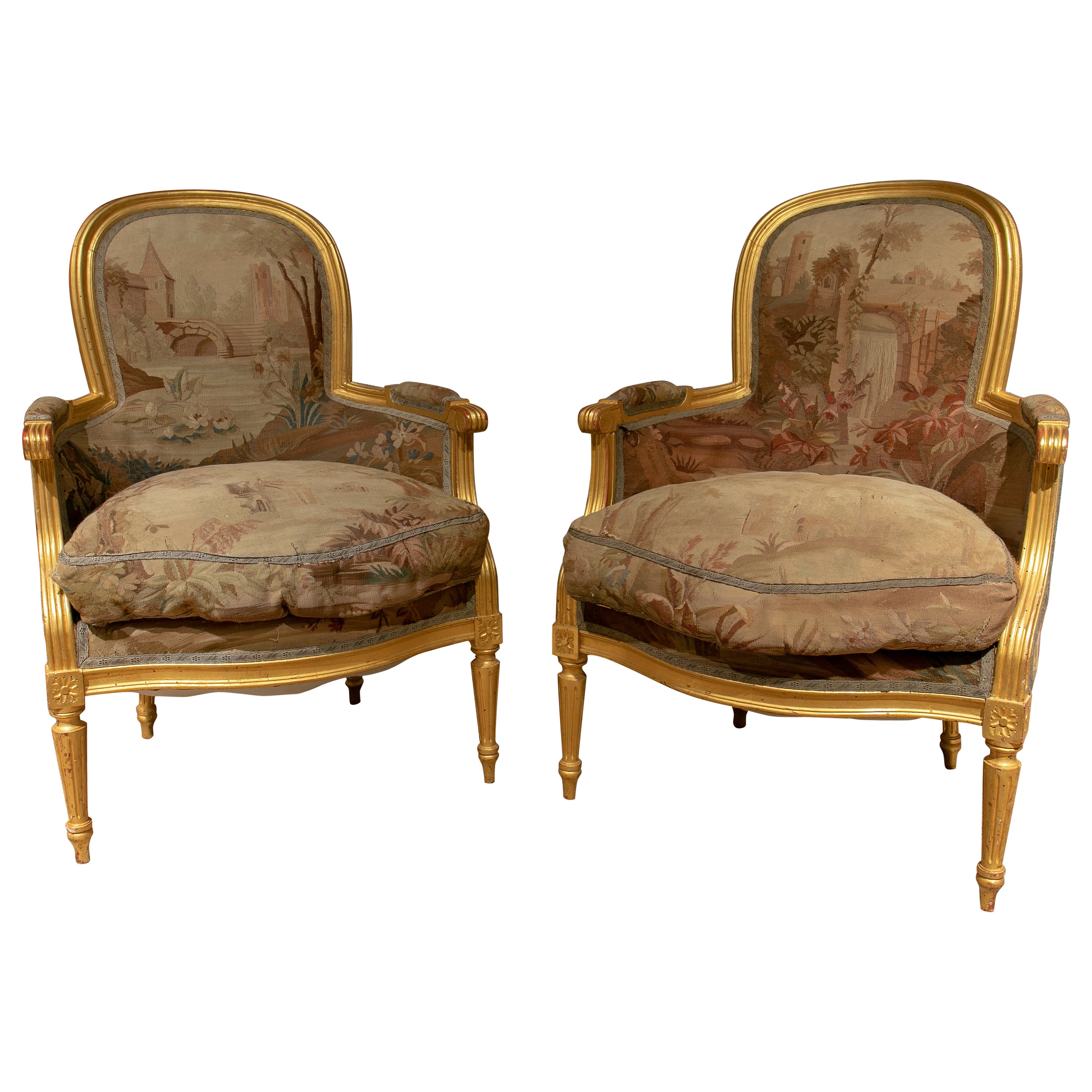 Pair of Mid-19th Century French Giltwood Armchairs W/ 18th Century Upholstery