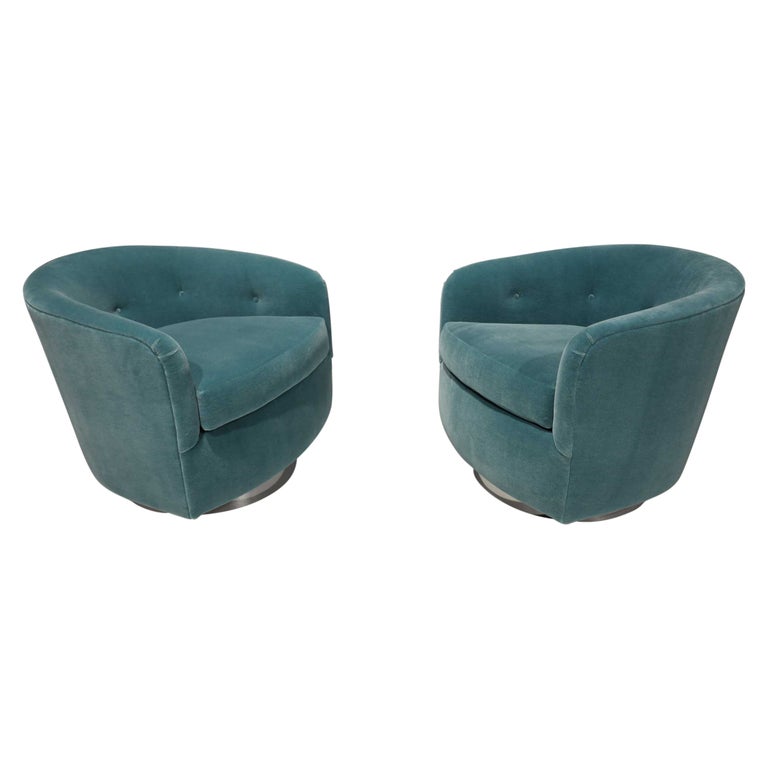 Milo Baughman Tilt/Swivel Lounge Chairs in Dusty Blue Mohair For Sale