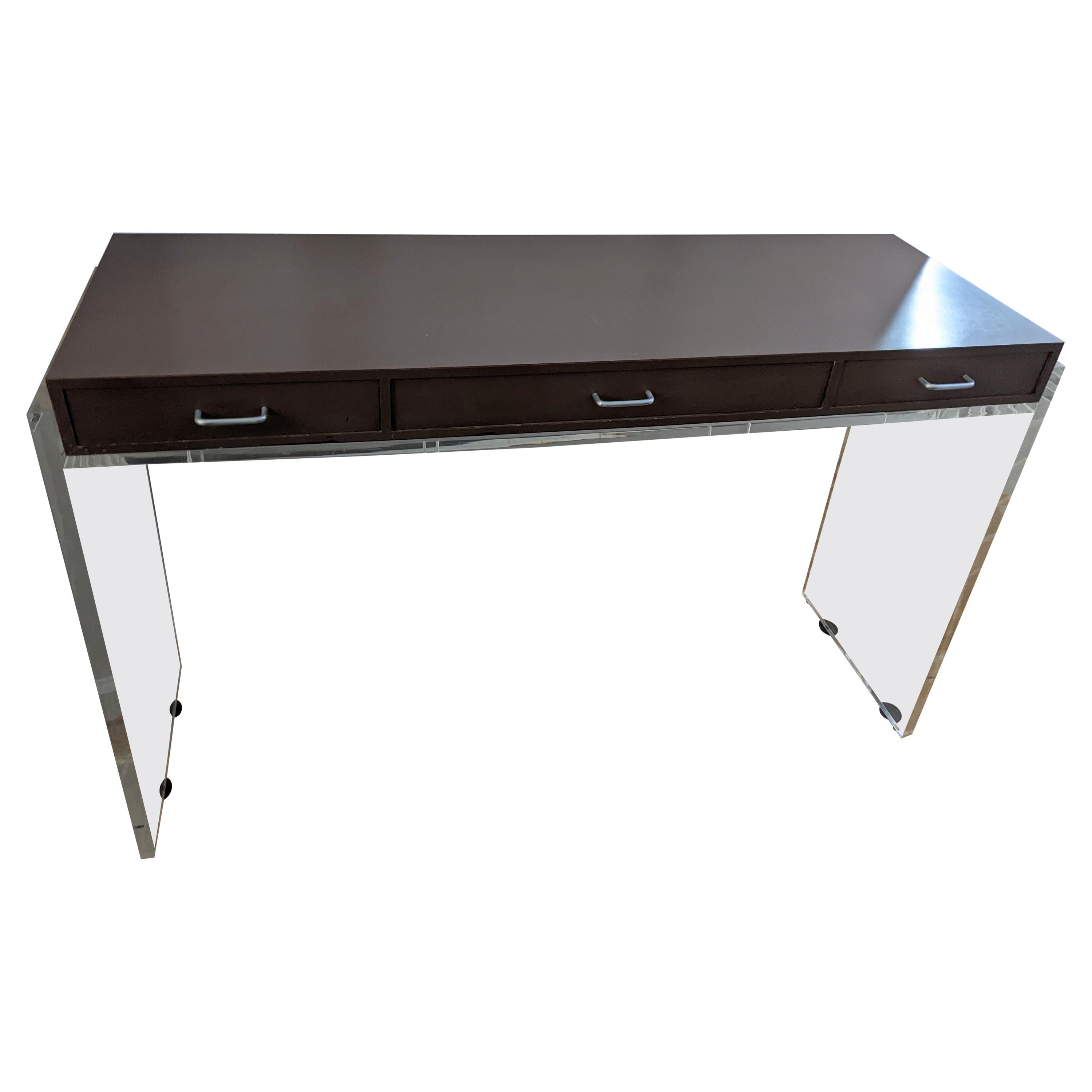 Elegant Lucite and Chocolate Lacquer Drawer Console For Sale