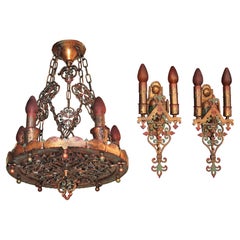 Antique Massive Spanish Revival Chandelier with Four Matching Sconces