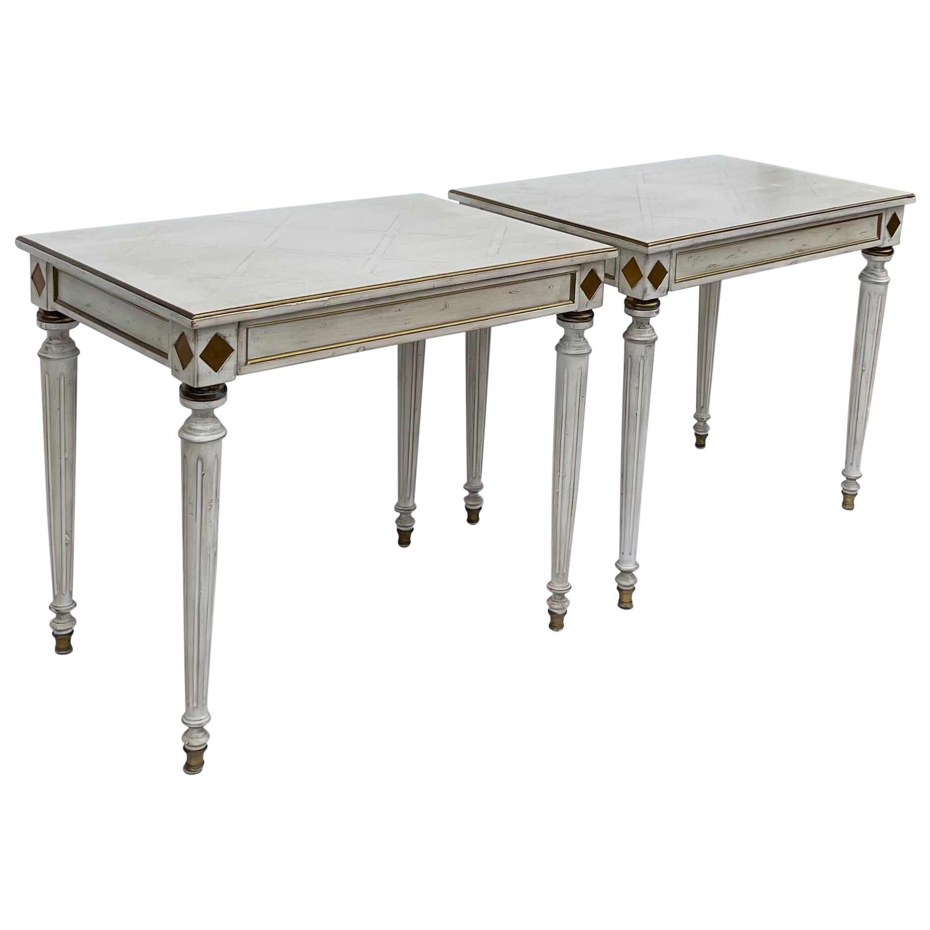 French White Painted and Gilt Side Tables with Parquet Marquetry Tops-Pair