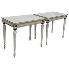 French White Painted and Gilt Side Tables with Parquet Marquetry Tops-Pair