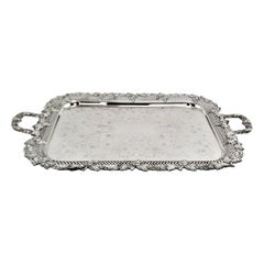 Large Antique Silver Plated Serving Tray with Pierced, Grape & Vine Decoration