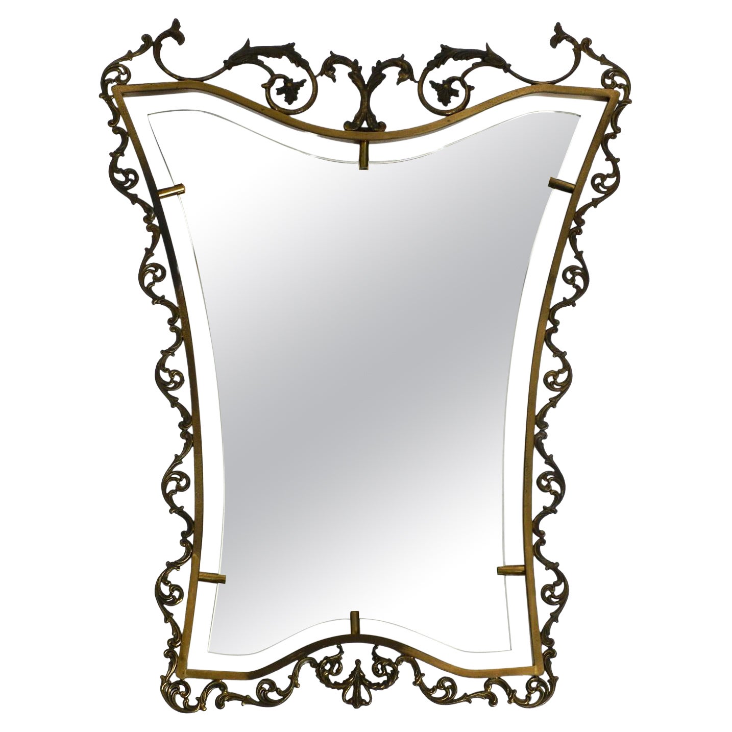 Extraordinary Large, Heavy Italian Mid Century Wall Mirror with an Ornate Brass