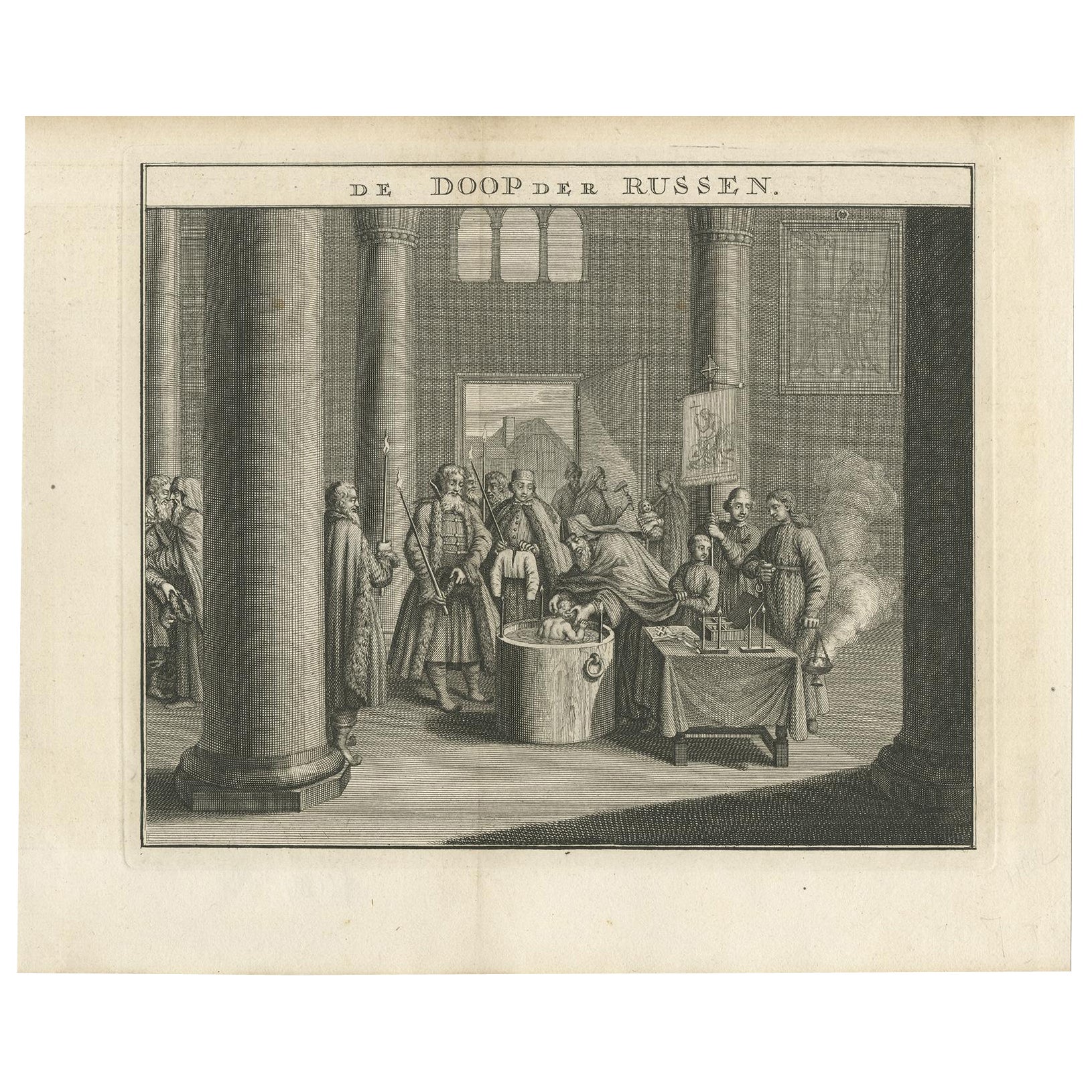 Mid-18th Century Engraving Depicting The Baptism of Russians, 1735 For Sale