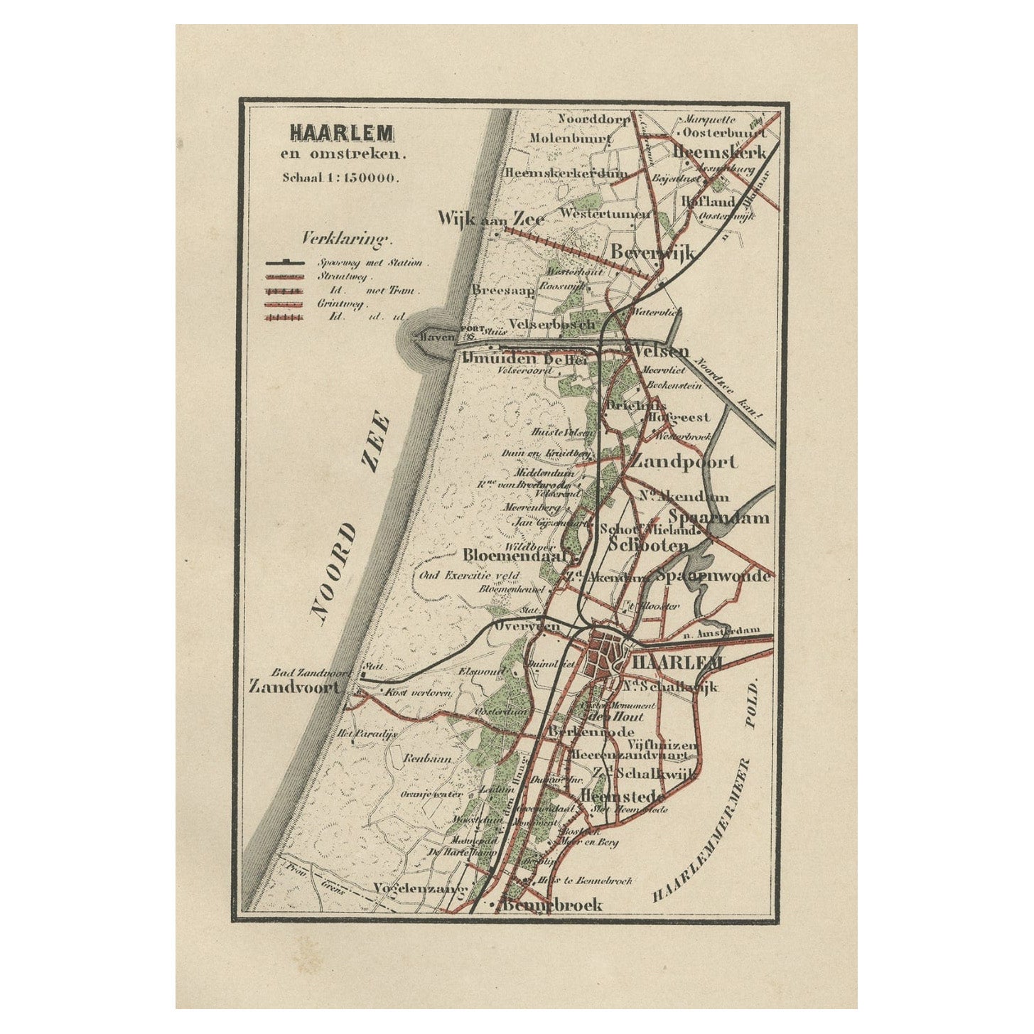 Antique Map of Dutch Cities Haarlem, Zandvoort, Bloemendaal, Wijk aan Zee, 1884 For Sale