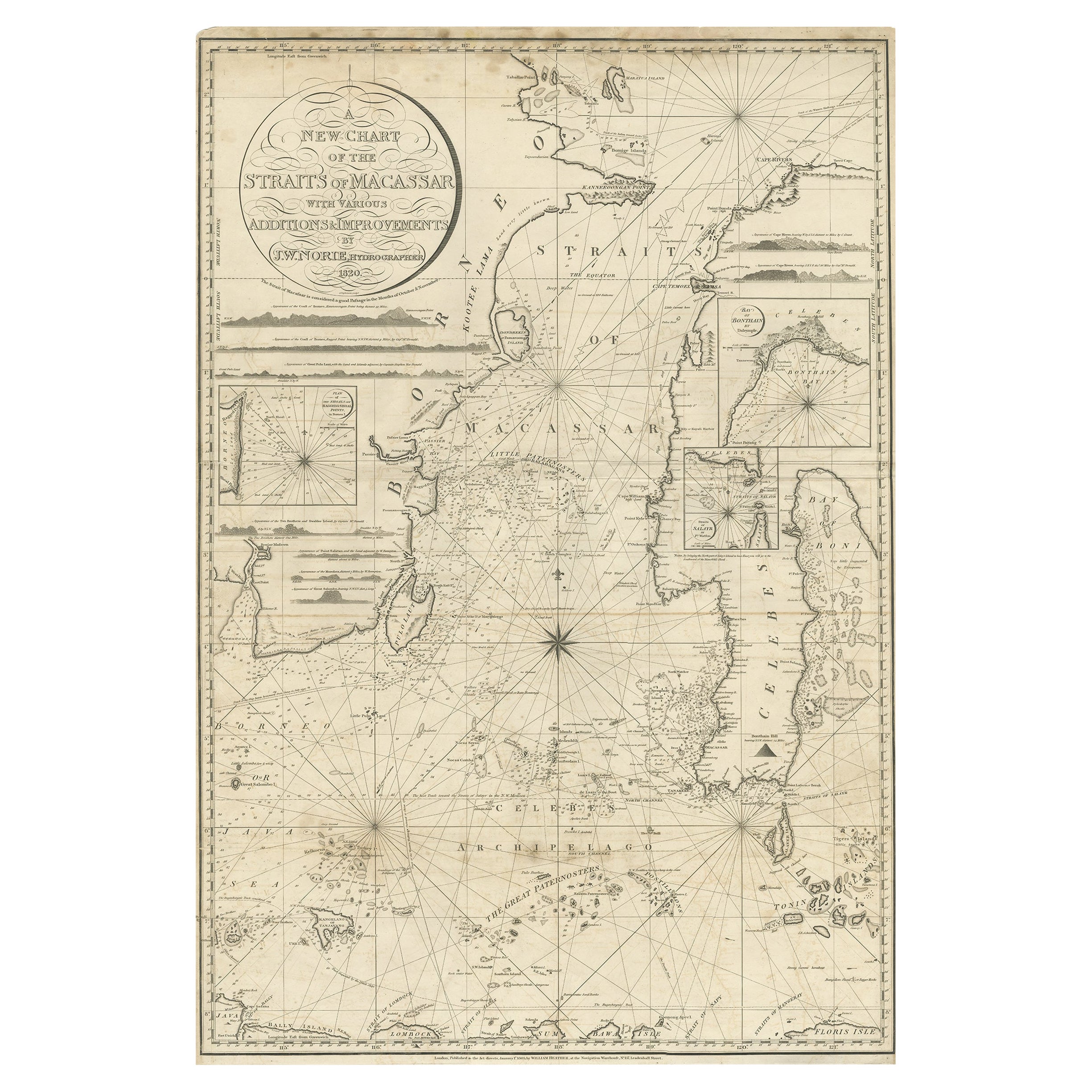 Antique Chart of the Straits of Makassar, Indonesia with Borneo and Celebes-1820 For Sale