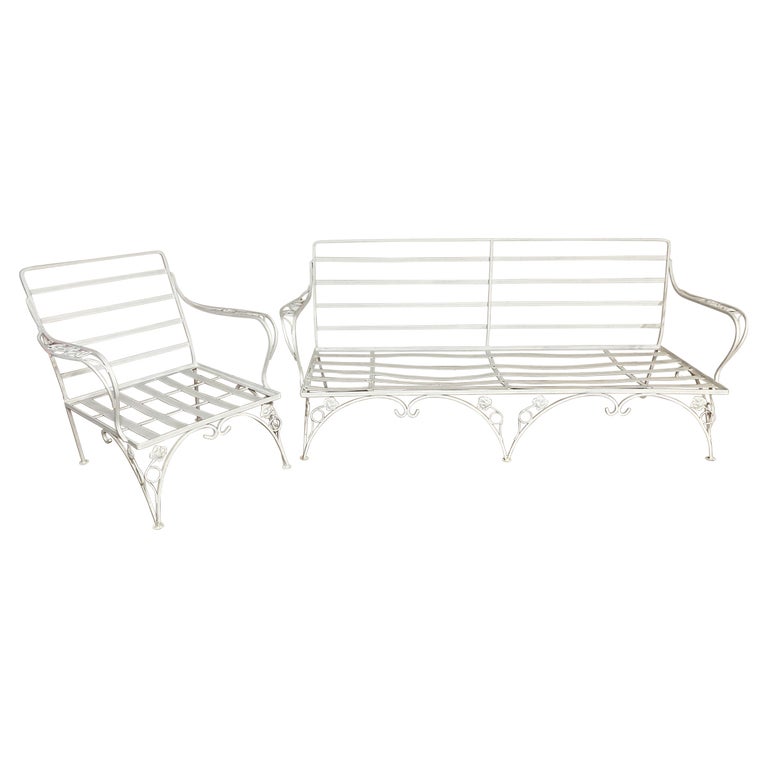 Russell Woodard Style Metal Garden or Porch Sofa with Matching Lounge Chair For Sale