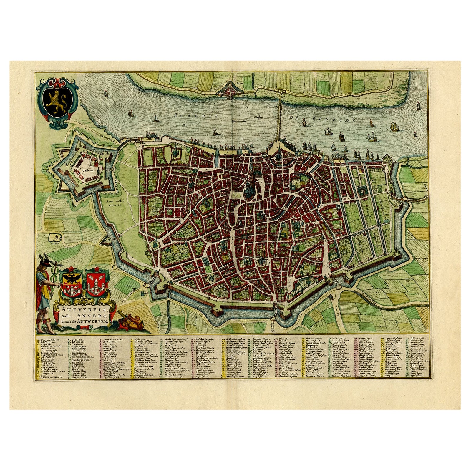Magnifique carte ancienne d'Anvers, Belgique par l'ébéniste Blaeu, vers 1652