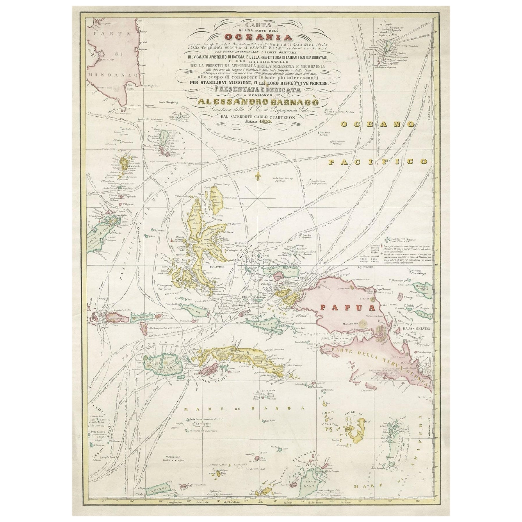 Grande carte italienne des îles de l'Océanie océanique, incluant Papouasie, Timor, Banda, Ceram, 1855