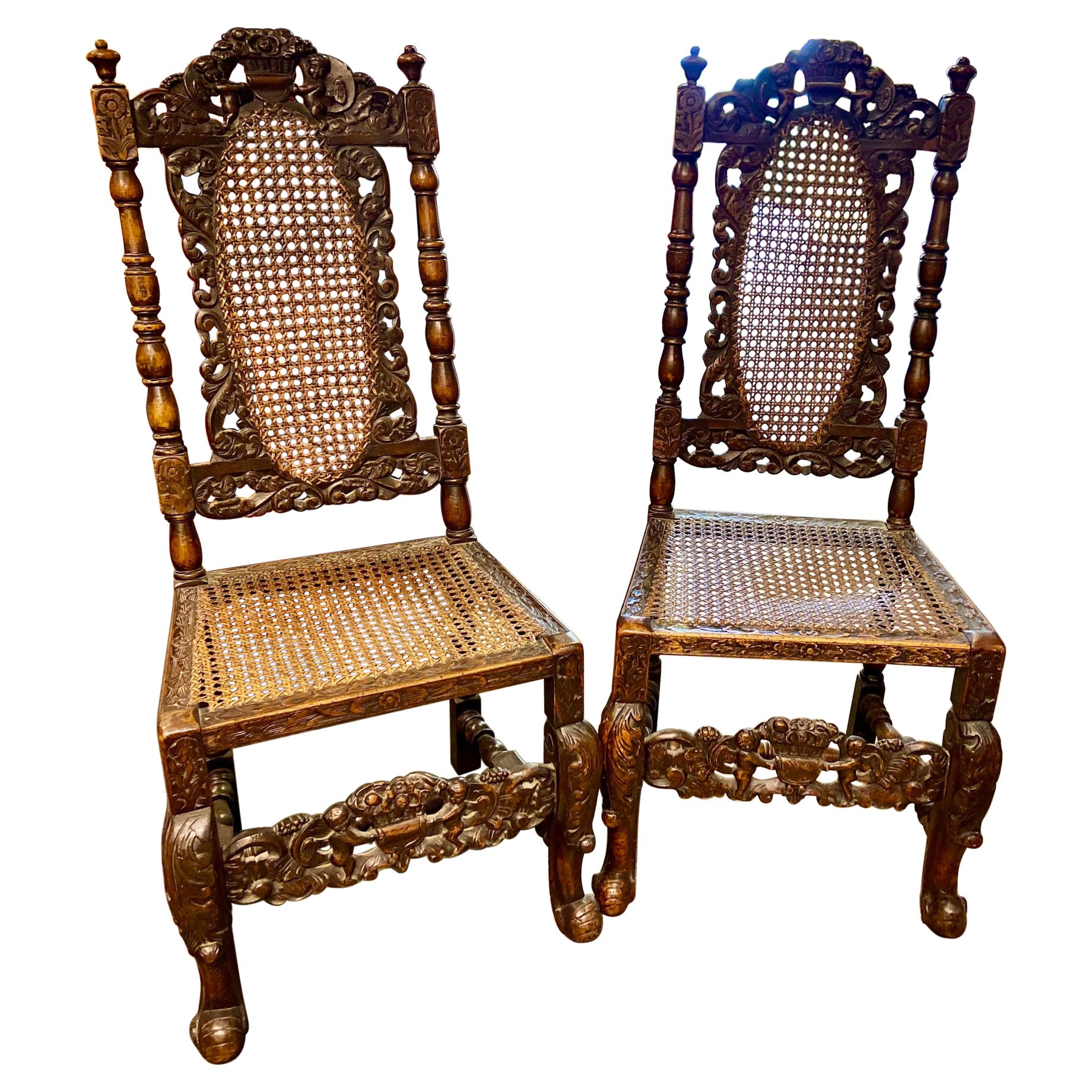 Pair of Charles II Beech and Caned Hall or Side Chairs For Sale