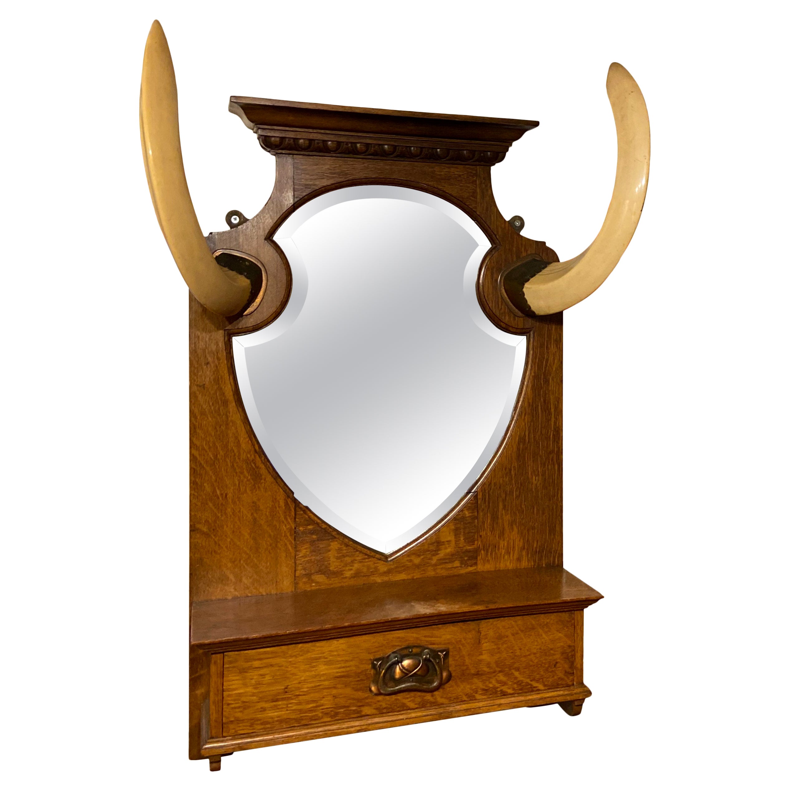 Victorian Hall Mirror with Horns and Draw For Sale
