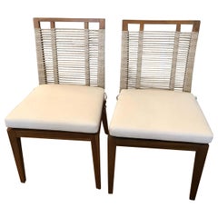 Organic Modern Pair of Raffia Rope & Teak Side Chairs