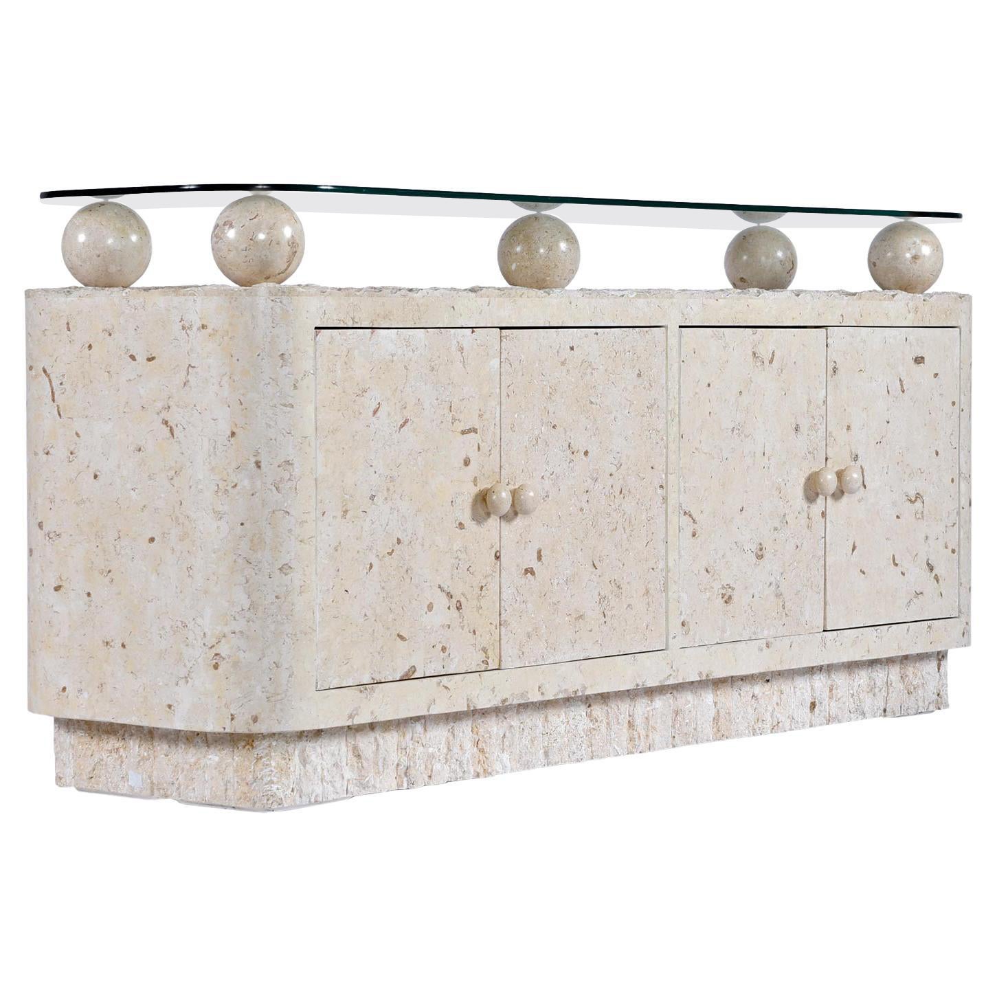 Maitland Smith Style Post-Modern Mactan Tessellated Stone Orb Pedestal Credenza For Sale