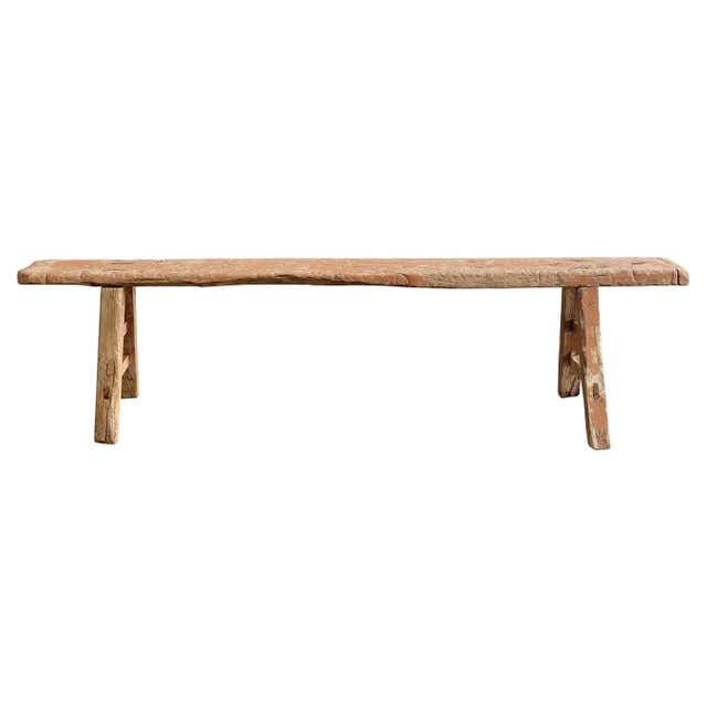 Vintage Elm Wood Skinny Bench with Rustic Plank Seat Top at 1stDibs ...