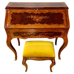 French Marquetry Ladies Writing Desk Vanity With Stool