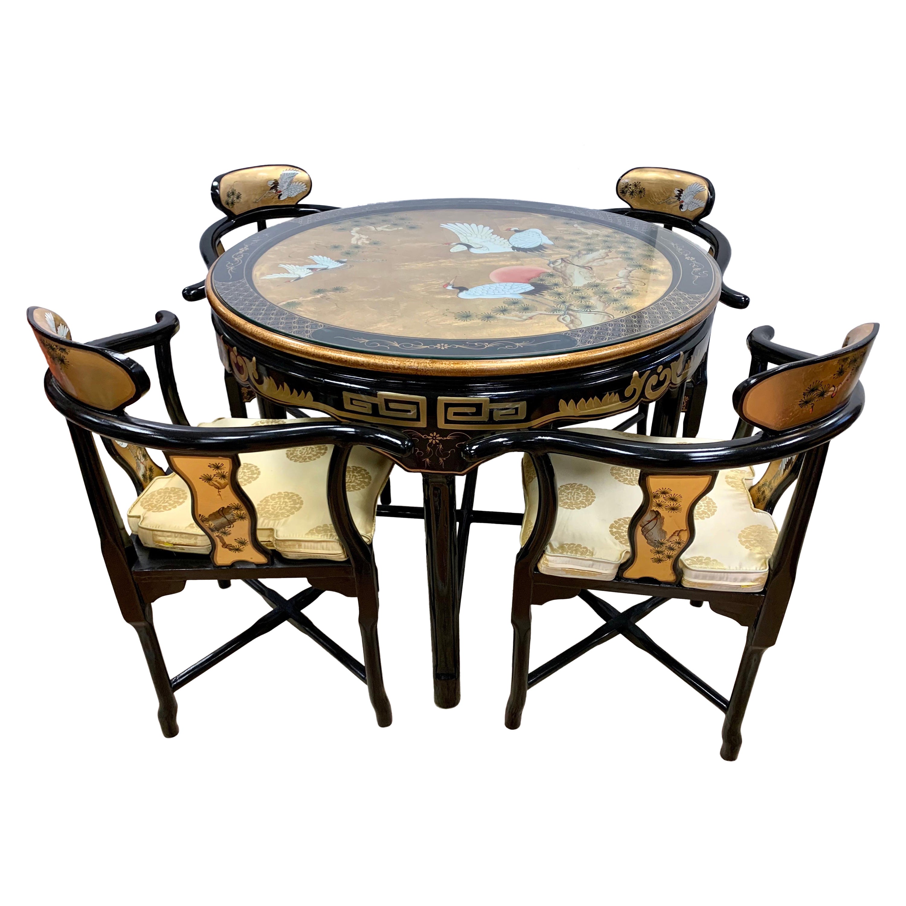 Asian Chinoiserie Hand Painted Dining Set, Game Table with Four Chairs