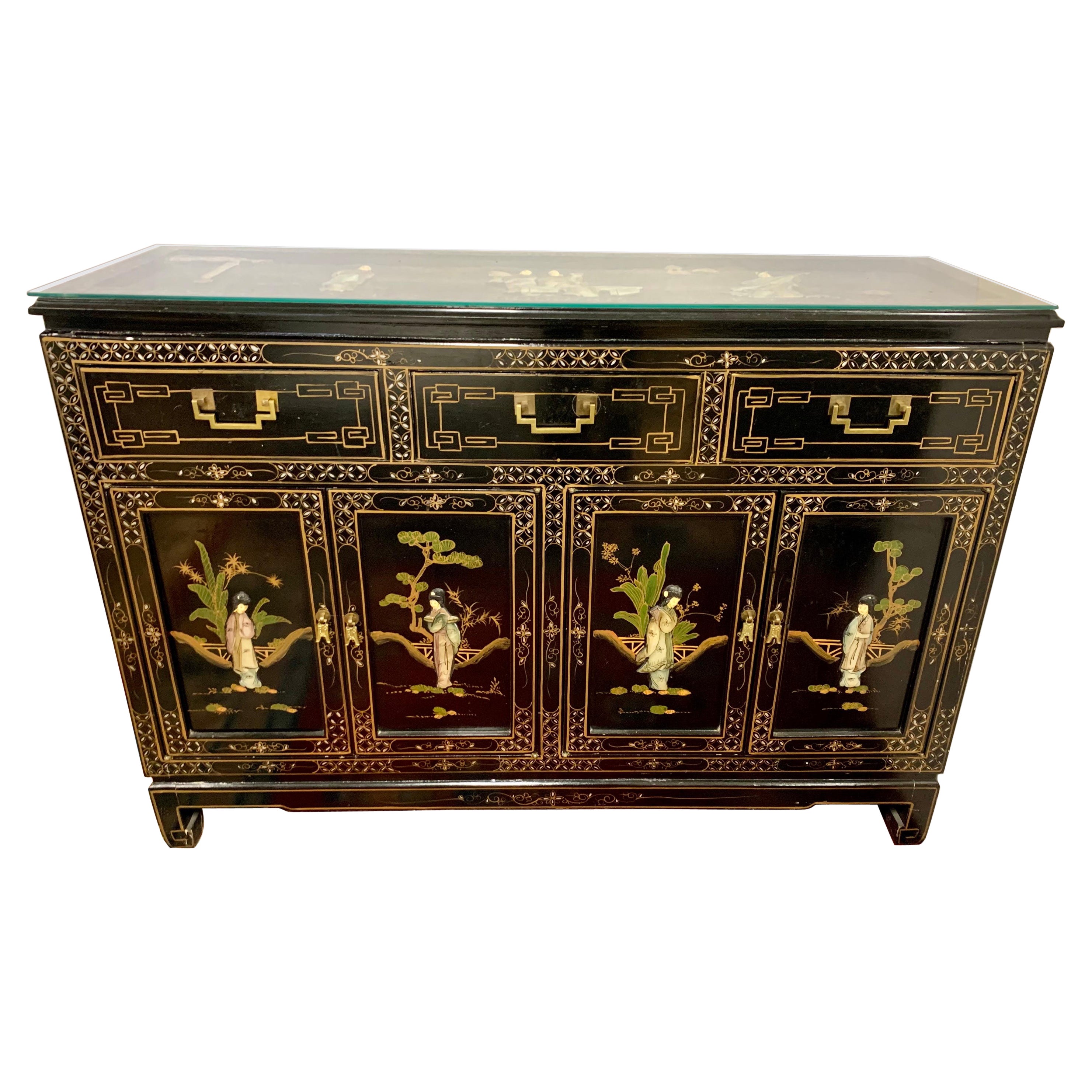 Chinoiserie Black Laquered Carved Credenza Sideboard