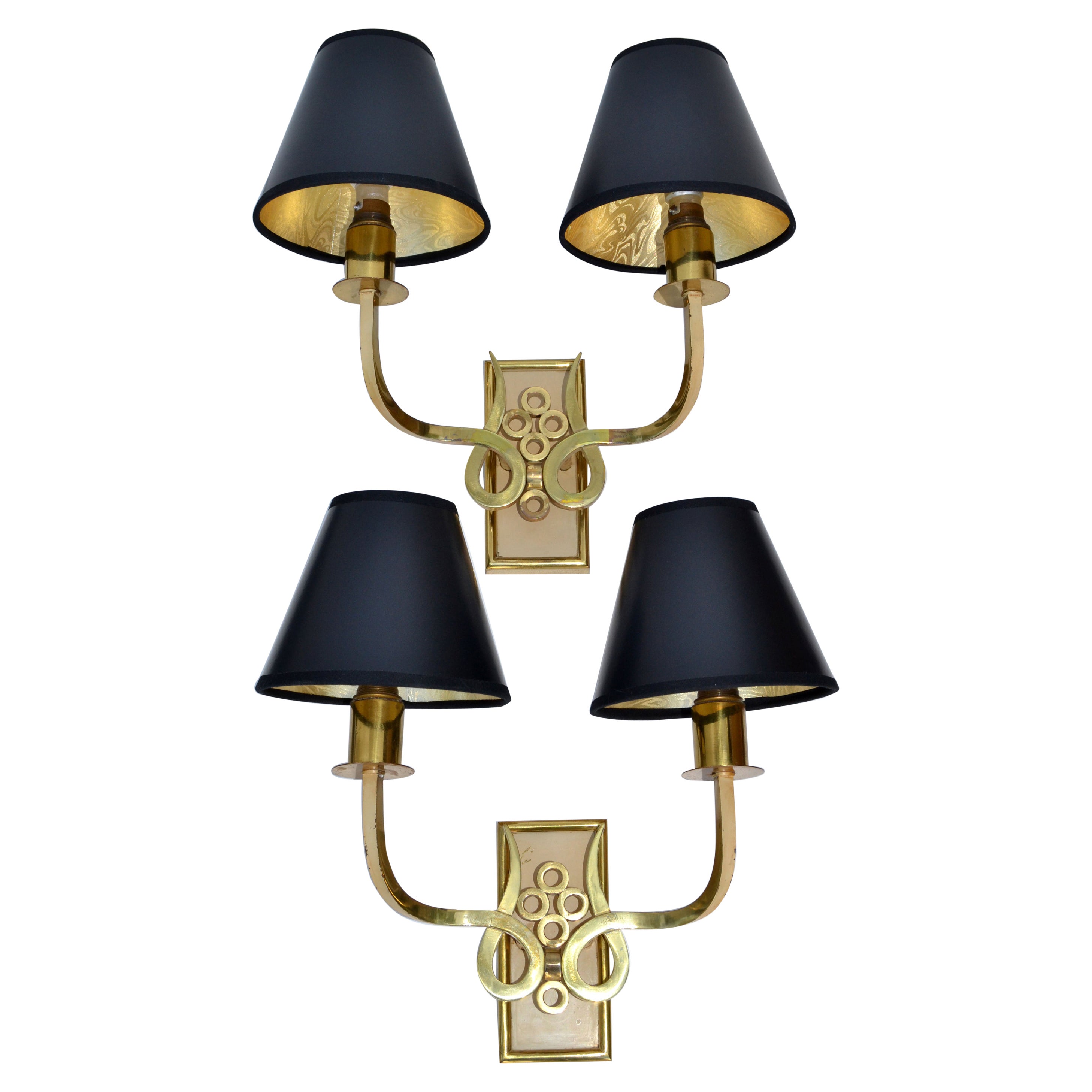 French Bronze & Brass Sconces by Maison Jansen Black & Gold Paper Shade, Pair