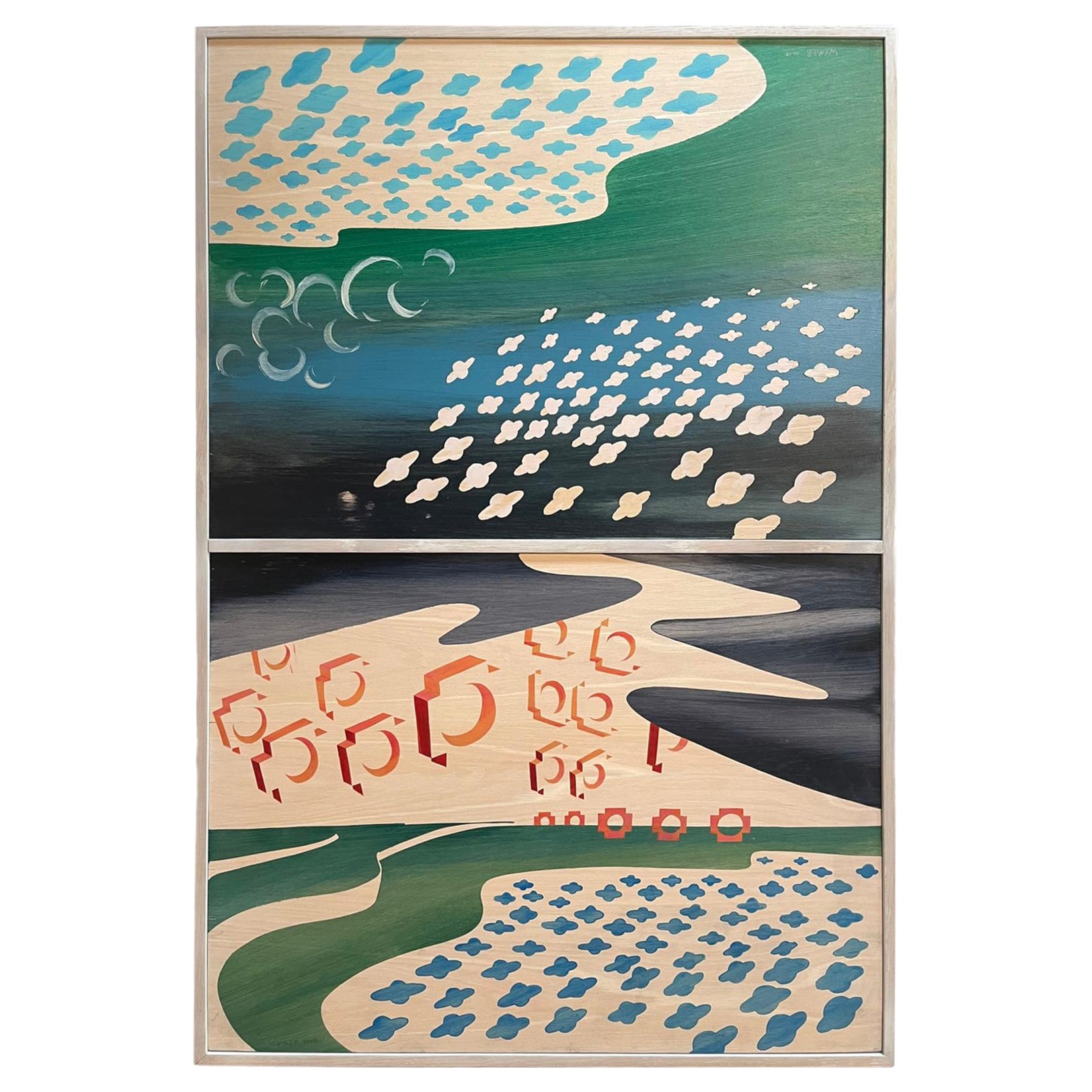 “Flock of Saturns” Diptych by Austin Artist, Robert Wymer, Acrylic on White Oak For Sale