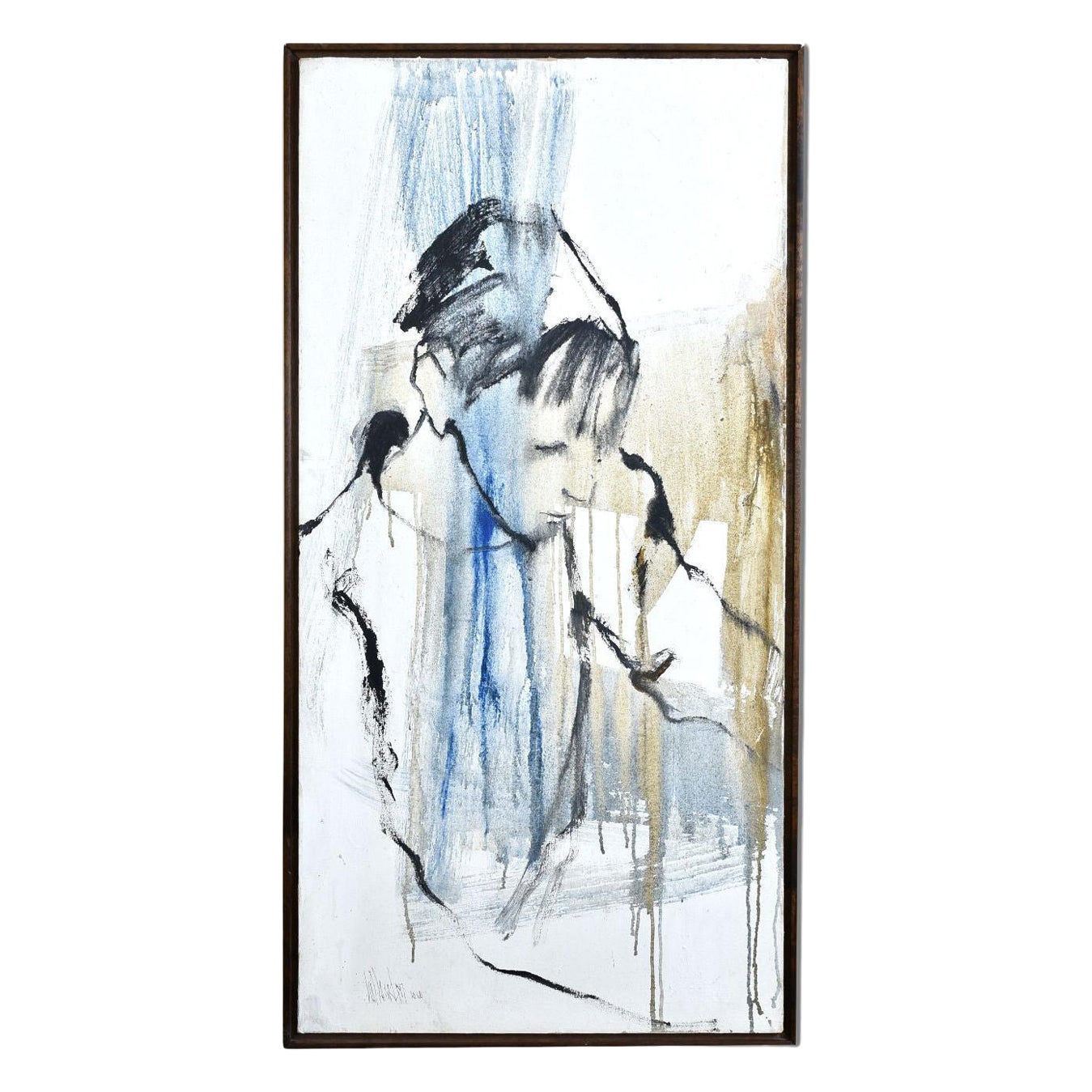 Peinture figurative expressionniste originale en bleu, blanc, noir et marron lavée à la chaux