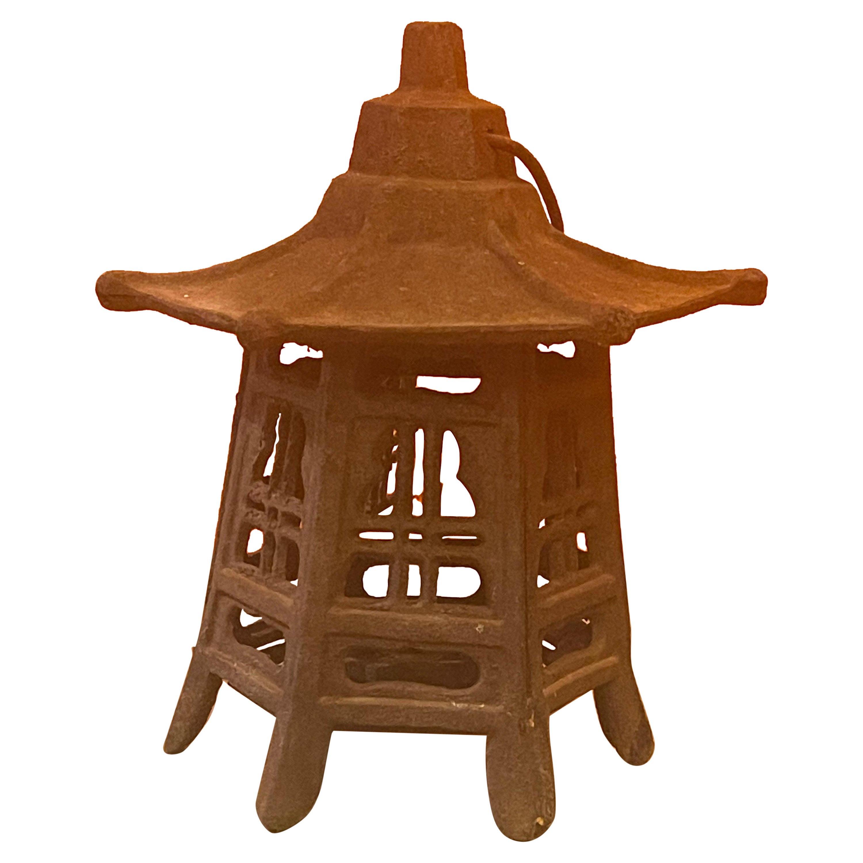 Vintage Distressed Cast Iron Japanese Pagoda Lantern For Sale