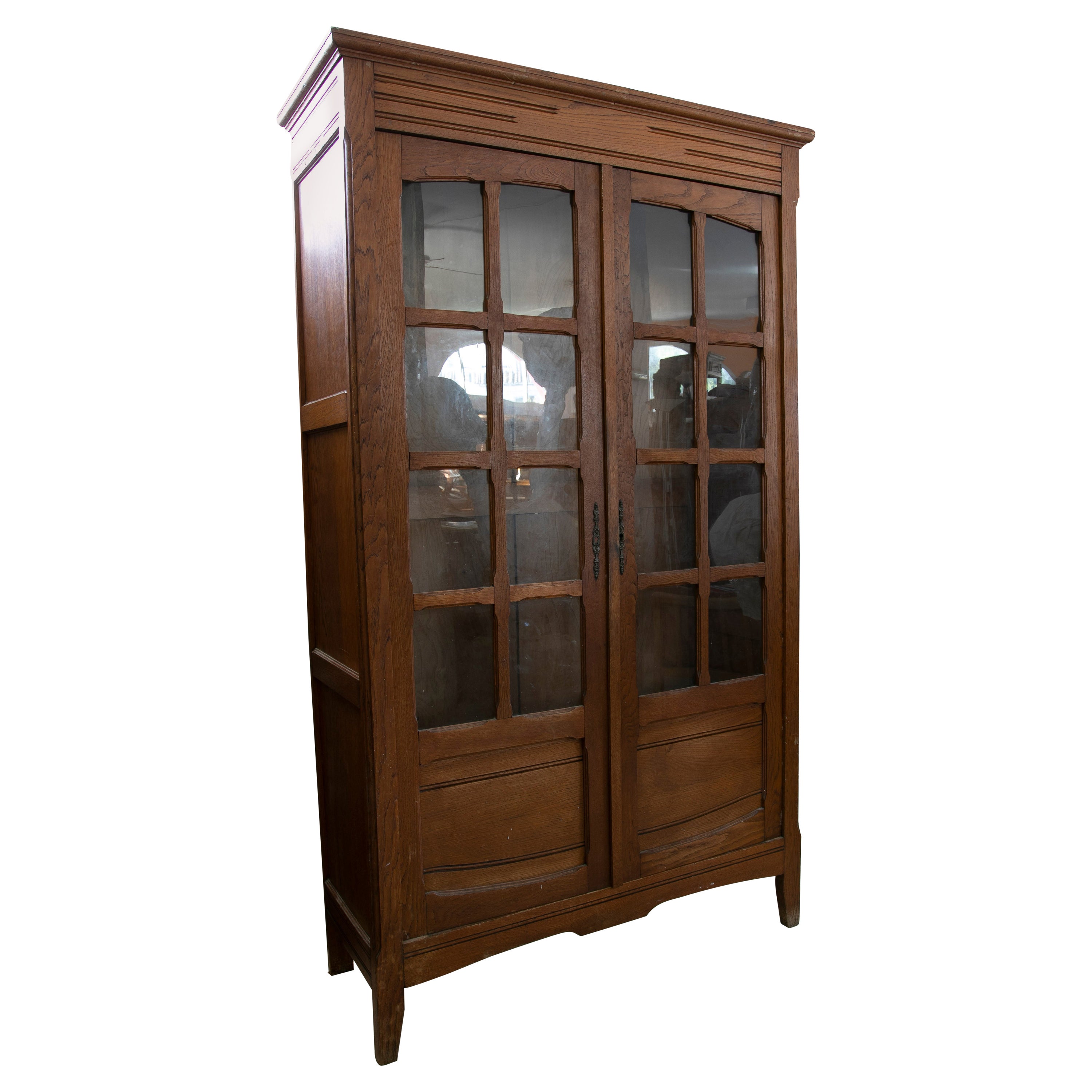 1950s Spanish 2-Door Glass Cabinet Wooden Wardrobe